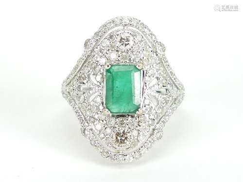 18ct white gold emerald and diamond ring, size J, approximate weight 4.3g : For Further Condition