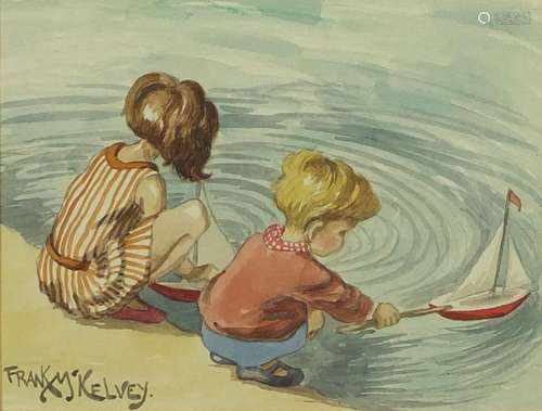 Young children playing with boats, watercolour, bearing a signature Frank M'Kelvey, mounted and