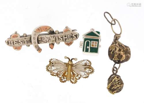 Silver jewellery including a Victorian best wishes brooch, enamel house charm and nugget pendant,