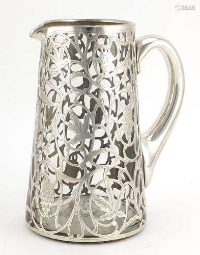 Art Nouveau silver overlaid glass jug, decorated with fruiting vines, 19.5cm high : For Further