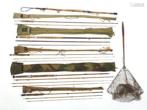 Five vintage fly fishing rods, landing net and gaff, including Hardy Jet #9, The scottie and other