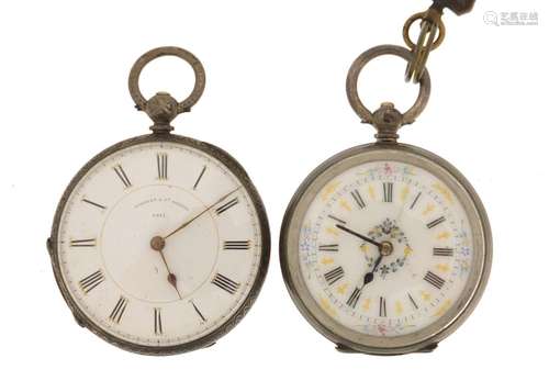 Two ladies silver pocket watches, one with ornate dial, the largest 4cm in diameter : For Further