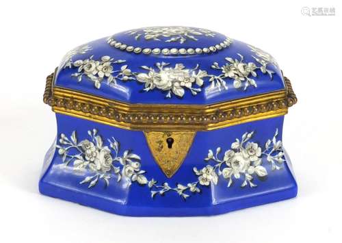 Antique porcelain Tahan box with gilt metal mounts, hand painted with flowers and foliage, the