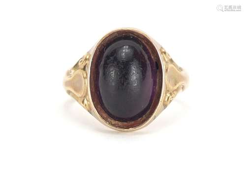 Victorian 9ct gold cabochon purple stone ring with scroll shoulders, Birmingham 1865, size Q,