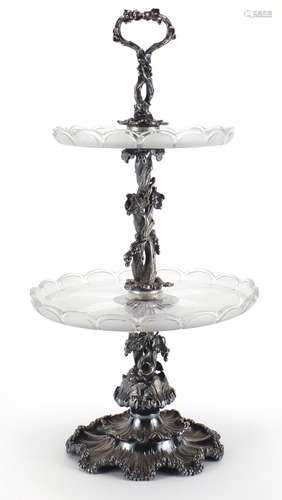 Good Victorian silver plated and frosted glass cake stand, moulded with grapes on vines, 47cm high :