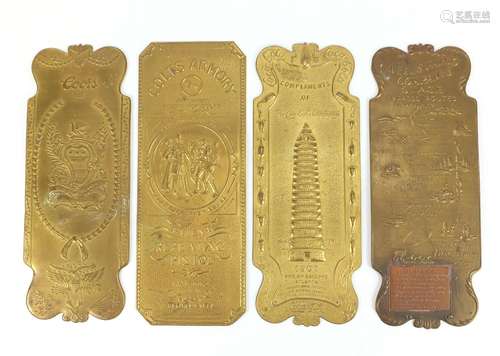 Four brass door plates embossed including Wells Fargo Company, Colts Armoury and Coca Cola, each