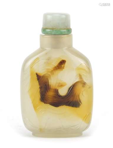 Chinese carved agate cockerel snuff bottle with jade stopper, 7.5cm high : For Further Condition