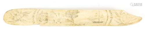 Antique Scrimshaw ivory letter opener, decorated with a building beside water and a rigged ship,