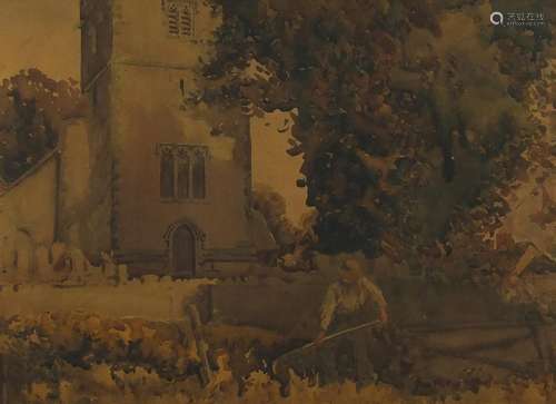 Robert Hills - Gardener in a churchyard, signed watercolour, mounted and framed, 41cm x 29.5cm : For