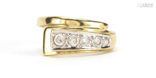 14ct gold clear stone crossover ring, size O, approximate weight 3.0g : For Further Condition