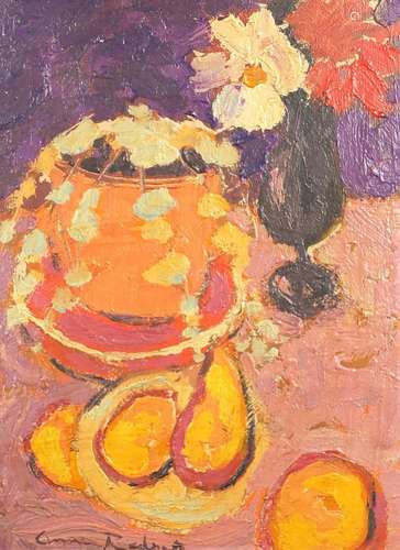 After Anne Redpath - Still life items on a table, oil on board, framed, 39.5cm x 29.5cm : For