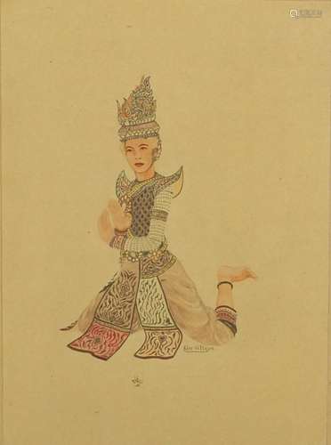 Portrait of a female dancing South East Asian school, watercolour, bearing a signature Kim