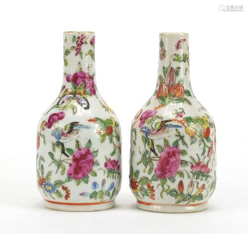 Pair of Chinese porcelain Canton vases, hand painted in the famille rose palette with birds of