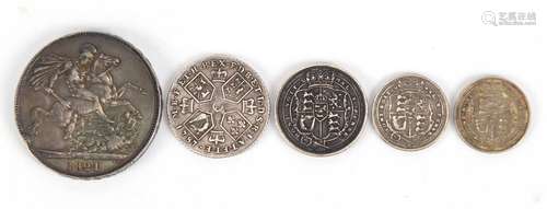 George III silver coinage comprising a 1787 shilling, 1820 shilling, 1816 and 1817 six pences and