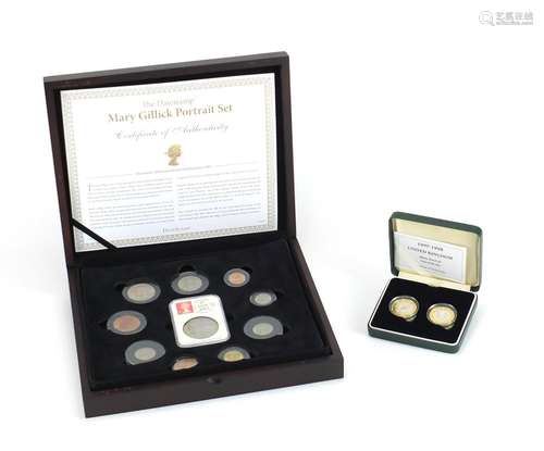 1997-1998 silver proof two pound two coin set and a Mary Gillick date stamp portrait set, both