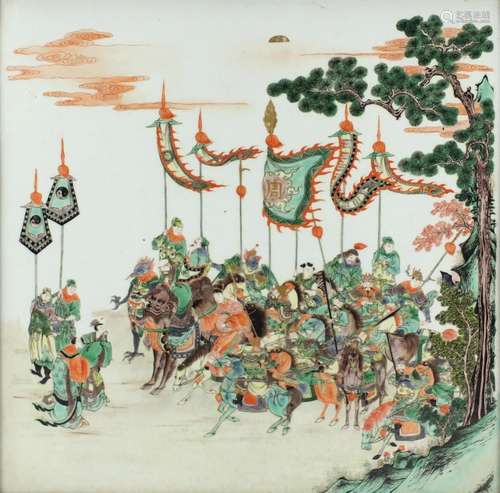 Chinese porcelain panel finely hand painted in the famille verte palette with warriors on horseback,