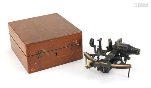 Henry Hughes & Son sextant, housed in a mahogany case, numbered 49624, 23cm wide : For Further