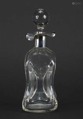 Victorian hour glass decanter with silver collar, indistinct makers mark Sheffield 1899, 23cm high :