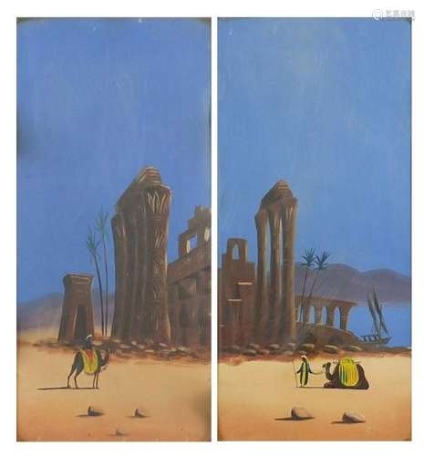 Figures with camels in deserts, pair of Eastern school gouaches, mounted and framed, 58cm x 27cm :