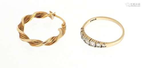 9ct gold clear stone half eternity ring and a hoop earring, approximate weight 2.3g : For Further