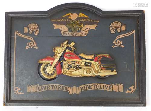 Harley Davidson Live to Ride, hand painted carved wood plaque, 82cm x 60cm : For Further Condition