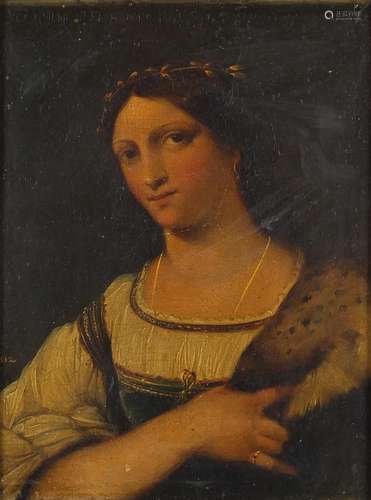 Manner of Sebastiano Del Piombo - Top half portrait of a young Roman woman, antique oil on wood