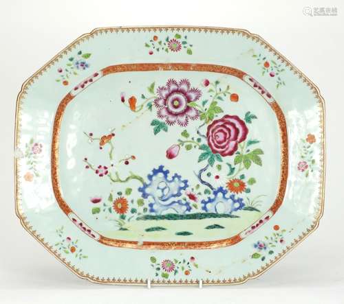 Chinese porcelain meat platter, hand painted in the famille rose palette with flowers, 46cm wide :