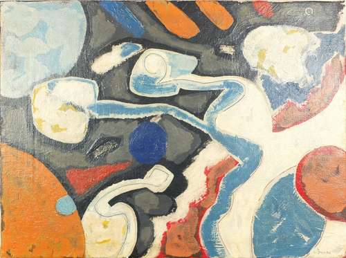 Abstract composition, oil on canvas, bearing a signature possibly J Brooks and inscription verso,