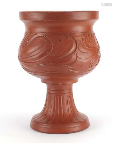 Roman style terracotta pedestal vessel decorated with flowers, 34cm high : For Further Condition