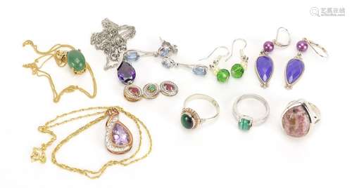 Silver semi precious stone jewellery comprising three rings, three pairs of earrings and four