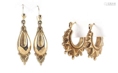 Two pairs of Victorian style 9ct gold earrings, the largest 4.5cm in length, approximate weight 3.2g