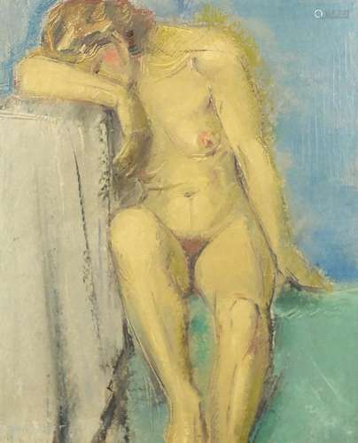 Henri Pinguenet - Seated nude female, oil on board, inscribed verso, framed, 46cm x 37.5cm : For