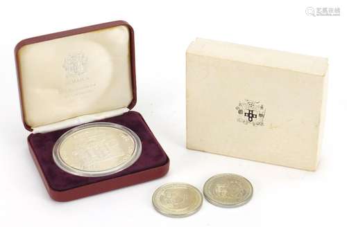 Jamaica silver proof twenty five dollars with fitted case and two others : For Further Condition