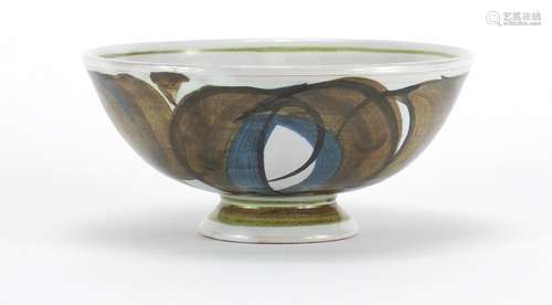 Aldermaston Pottery footed bowl by Edgar Campbell, hand painted with stylised fonts, 14cm in