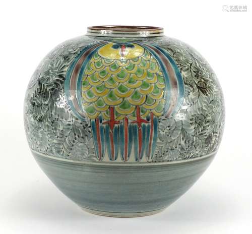 Large Korean vase hand painted with three stylised owls, painted and impressed marks to the base,