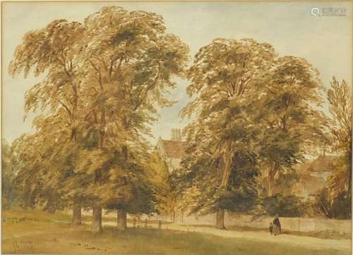 Julius Godet - Building scene through trees, watercolour on paper, Century Galleries details