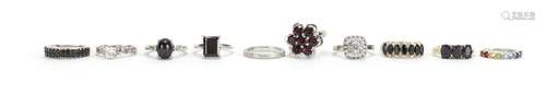 Ten silver semi precious stone rings, various sizes, approximate weight 35.0g : For Further