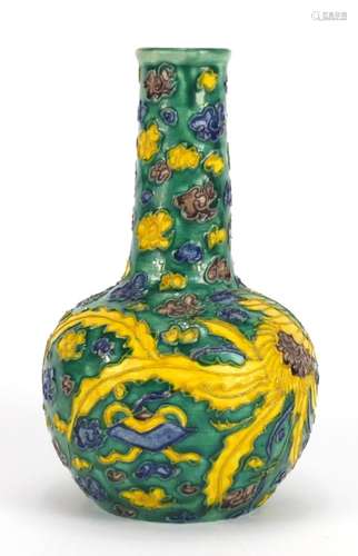 Chinese Fahua bottle vase, hand painted with a phoenix amongst clouds, inscribed character marks