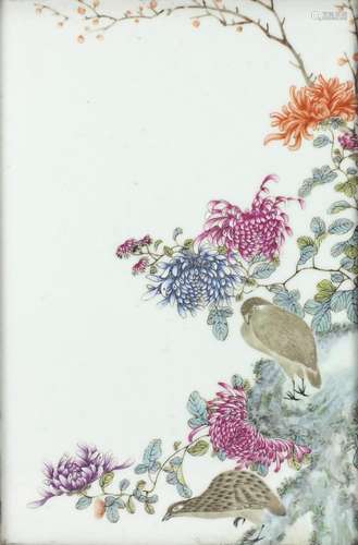 Chinese rectangular porcelain plaque, finely hand painted in the famille rose palette with two