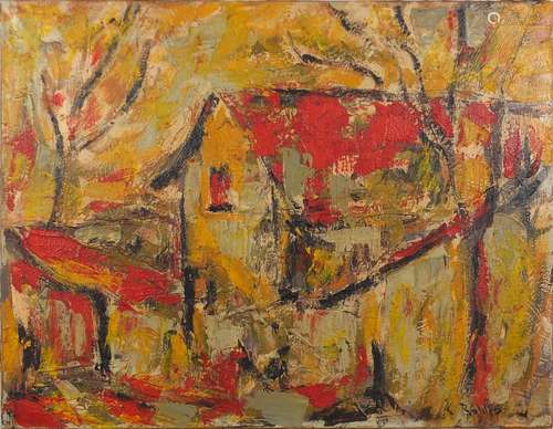 Abstract composition, house study, oil on canvas, bearing an indistinct signature possibly C Rohlfs,