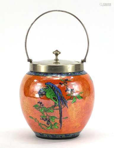 Carlton Ware orange lustre ginger jar with silver plated mounts, hand painted in the parrot pattern,