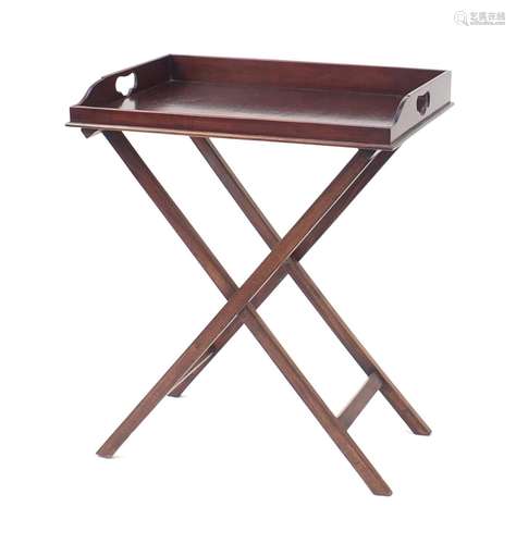 Mahogany butlers tray table with folding stand, 81cm H x 66cm W x 46cm D : For Further Condition