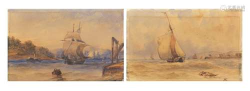 Marine scenes, two 19th century watercolours on card, each bearing a monogram VA, unframed, each