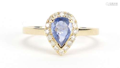 14ct gold sapphire and diamond tear drop ring, size L, approximate weight 2.2g : For Further