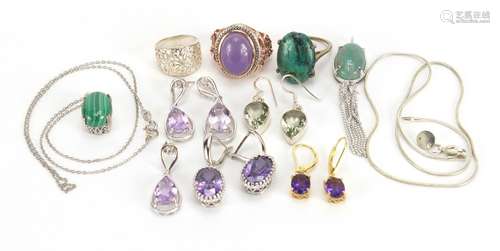 Silver semi precious stone jewellery comprising four pairs of earrings, three pedants on white metal