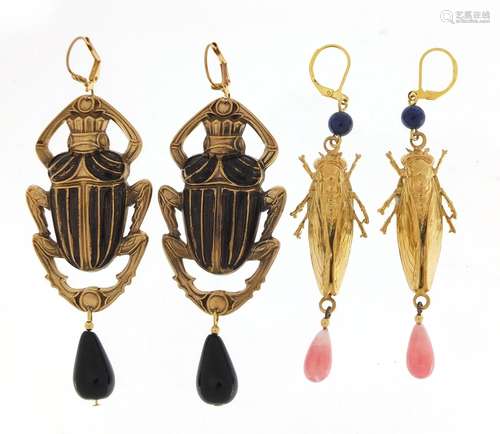 Two pair of Egyptian Revival earrings including a pair of beetle design with drops, the largest 9.