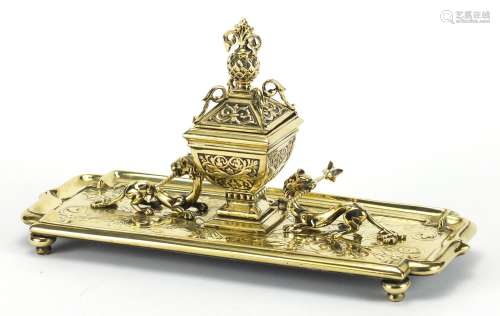 Gilt brass dragon design desk stand with inkwell and glass liner, 33.5cm wide : For Further
