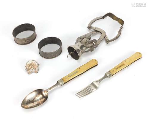 Antique and later objects including an ivory flanked campaign style folding fork and spoon, French