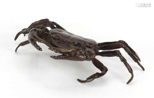 Japanese patinated bronze crab, character marks to the base, 11.5cm wide : For Further Condition