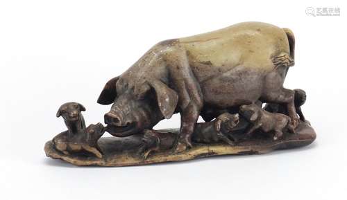 Good Chinese soapstone carving of a pig with six piglets, 23.5cm wide : For Further Condition